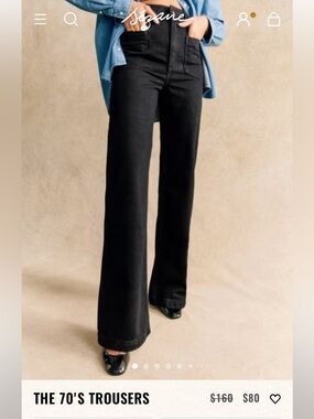 Sézane 'The 70's Trousers' Black High-Rise Wide-Leg Jeans size 40 Parisian retro